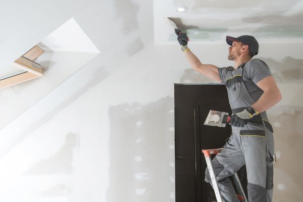 Construction worker applying drywall plaster to a ceiling during home renovation Construction worker applying drywall plaster to a ceiling during home renovation