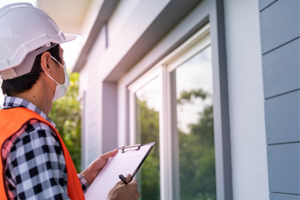 Home inspector in safety gear examining exterior siding and windows with a clipboard. Home inspector in safety gear examining exterior siding and windows with a clipboard.