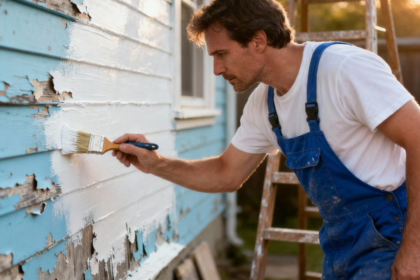 Professional painter wearing blue overalls scrapes and repaints peeling exterior house siding Professional painter wearing blue overalls scrapes and repaints peeling exterior house siding