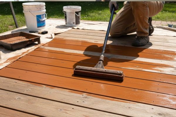 man putting a stain in a old deck stained man putting a stain in a old deck stained