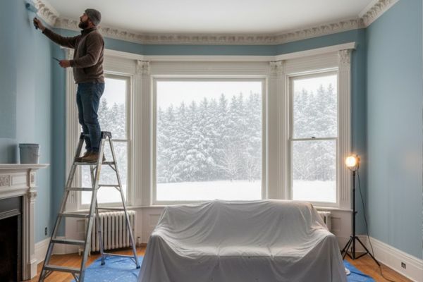 man painting an interior house during winter man painting an interior house during winter