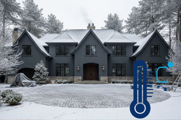 gray painted house in a cold weather with a temperature emoticon gray painted house in a cold weather with a temperature emoticon