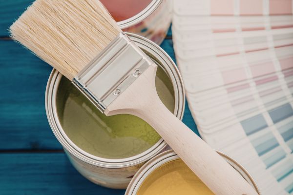 paint in can with brush and color pallete paint in can with brush and color pallete