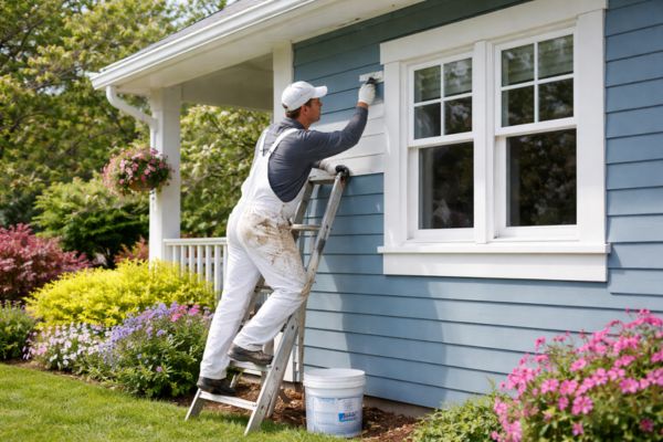 painting in a exterior house during spring season painting in a exterior house during spring season